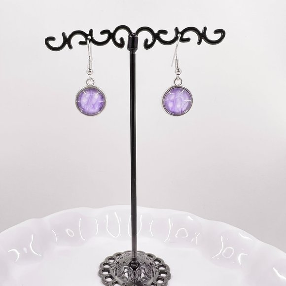 New / Handcrafted - Round Purple Paint Skin Silver Tone Fishhook Earrings - Picture 2 of 5